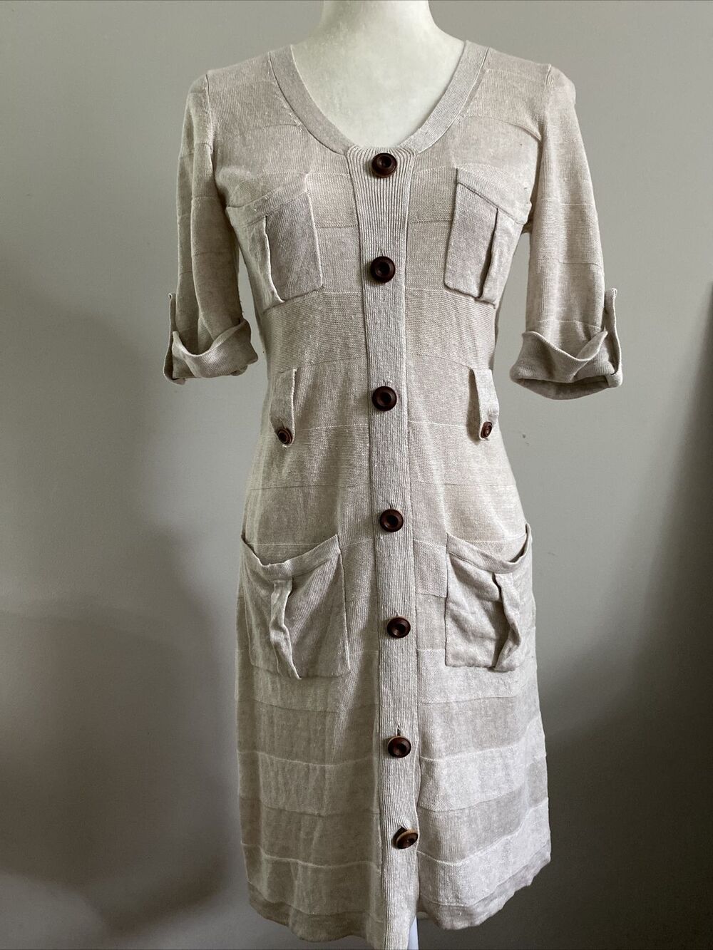 100% Linen Women Dress Natural Eco Buttons Pocket S M Knit Knitted Beige Ivory